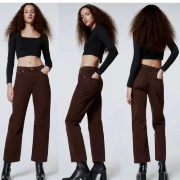 Zara Straight Leg Jeans Womens 4 Brown High Rise Button Fly Pockets Classic Fit - Picture 1 of 9
